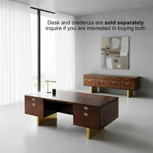 1970s Romweber Burl Wood and Gold Trim Executive Desk With Filing Drawers For Sale - Image 11 of 18