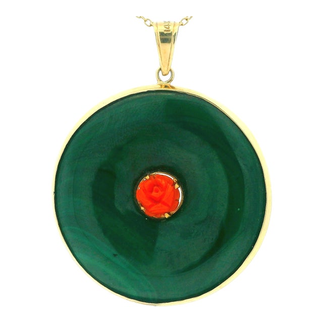 Vintage Italian 14k Gold Jade and Carved Coral Statement Pendant For Sale
