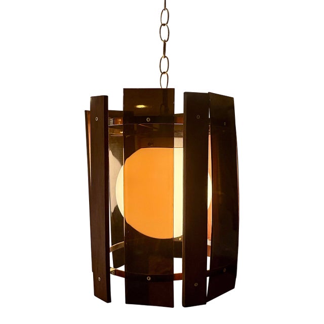 Mid 20th Century Danish Modern Teak Wood Smoked Acrylic Panel Swag Pendant Lamp For Sale