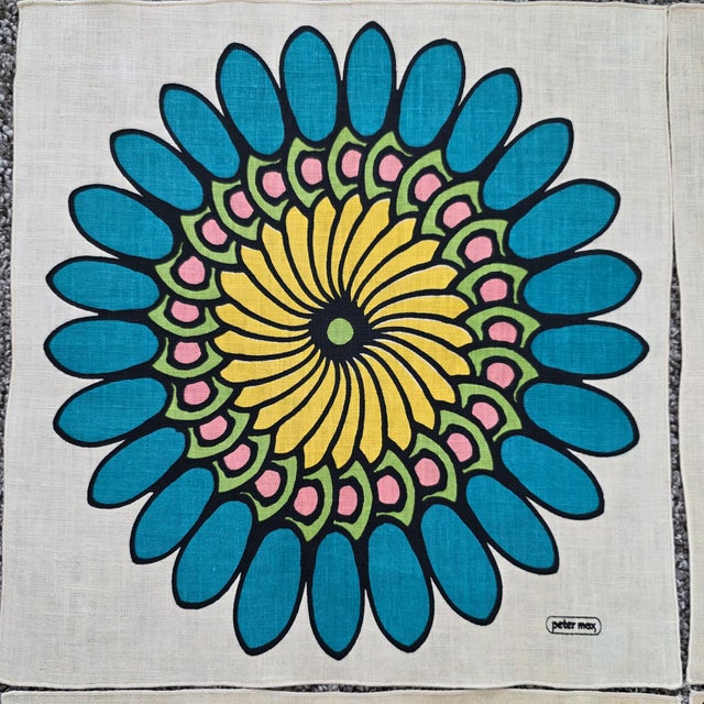 A fabulous set of four late 60's era colorful linen napkins that measure 16" square. Each features a vibrant Psychedelic...
