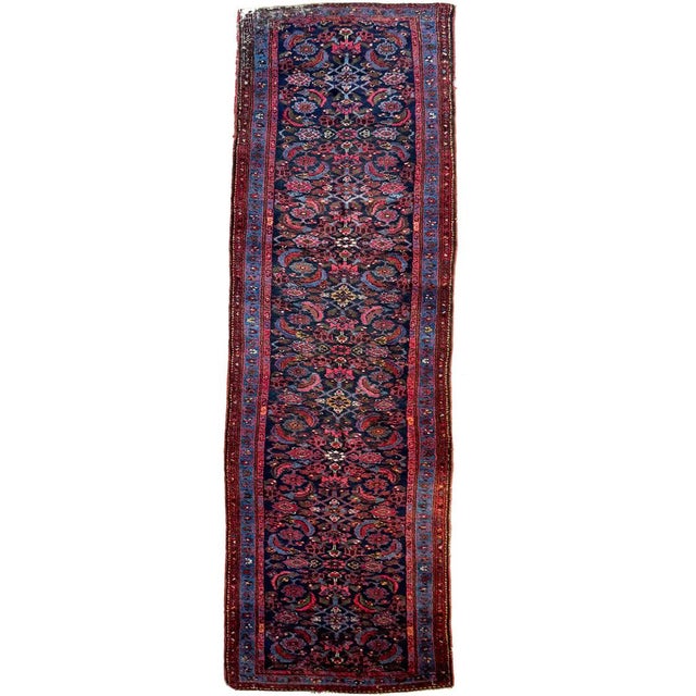 Name: Wonderful Army Green & Indigo Water Garden Runner | Narrow & Plush Size: 2.9 x 9.8 Age: Antique, C. 1930-40's Pile:...