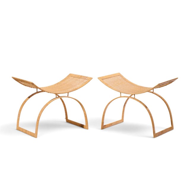 Harvey Probber Artisan Collection Mid Century Rattan Over Steel Stools - Pair Each stool measures: 26.5 wide x 16.25 deep...
