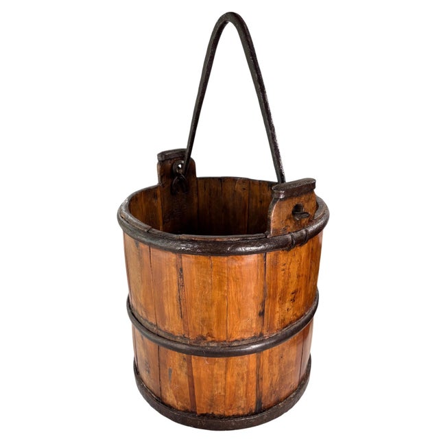 Antique hand-forged wood and iron bucket. Authentically rustic, pail is no longer water tight but charming as a catchall...
