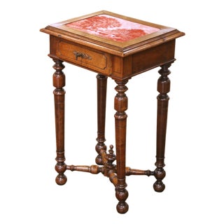 19th Century French Louis XIII Style Walnut Side Table With Pastoral Tile Top For Sale