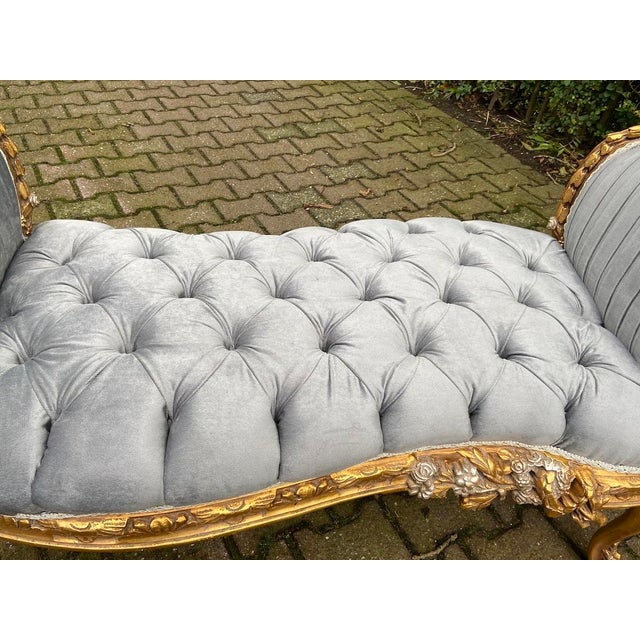 Late 20c French Louis XVI Gray Velvet Gold Settee 1 Pc For Sale - Image 11 of 13