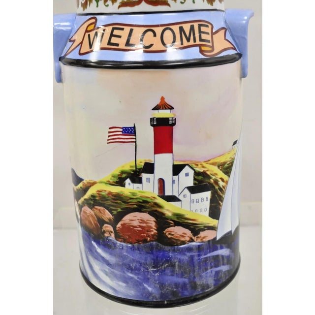Late 20th Century Late 20th Century Vintage Nautical Painted Lighthouse and Flag Ceramic Umbrella Cane Holder For Sale - Image 5 of 11