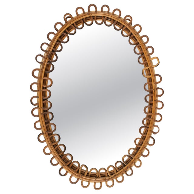 Mid-Century Oval Rattan and Bamboo Wall Mirror in the style of Franco Albini, Italy, 1960s For Sale - Image 10 of 10