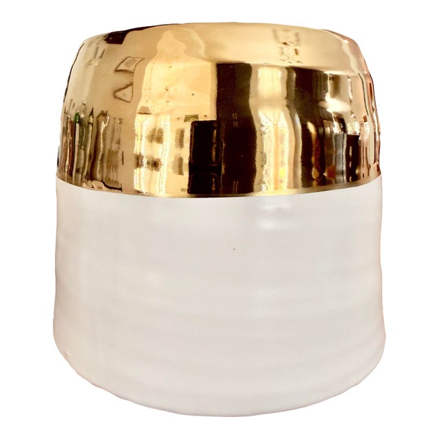 Luxe White Ceramic Planter/Cachepot With Metallic Wide Gold Band Rim For Sale