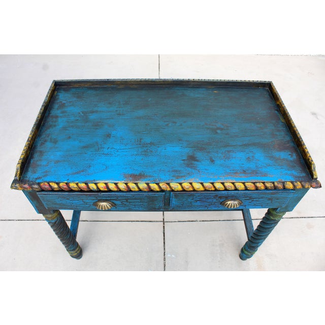 Blue Late 20th Century Spanish Revival Console Table | Hand-Painted Distressed Blue Accent Table | Barley Twist Legs | Two Drawer Sofa Table For Sale - Image 8 of 16