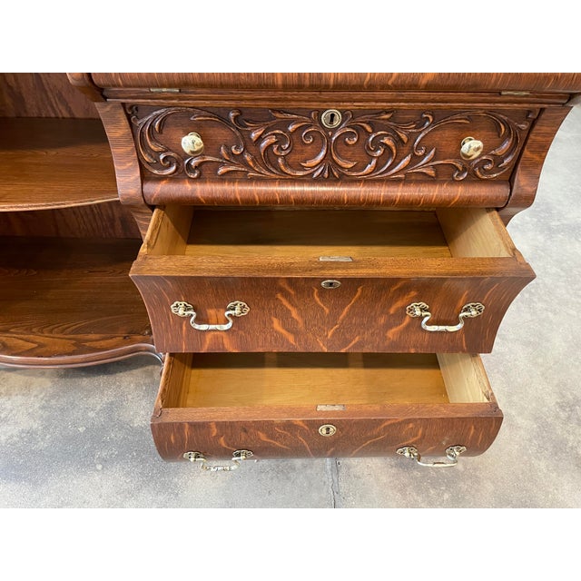 Oak Side by Side Secretary Desk With Leaded Glass Curio Cabinet For Sale - Image 9 of 12