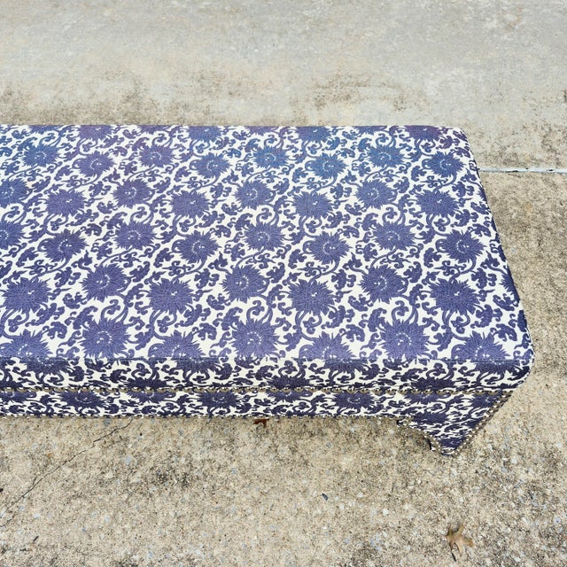 Lauren Ralph Lauren Ralph Lauren Style Oversized (5' Long) Blue & White Floral Upholstered Ottoman Bench For Sale - Image 4 of 9