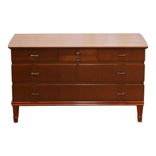 Deco Style Danish Petite Chest of Drawers With Brass Hardware and Carved Legs, C. 1950s For Sale