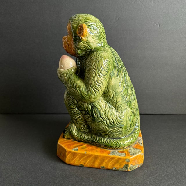 Green Vintage Monkey Statue Green Glaze Majolica Style For Sale - Image 8 of 9