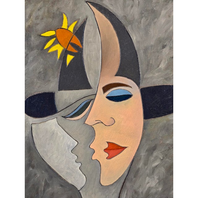 1960s Phillipe Marchand -Surrealist Portrait of a Man Kissing a Woman-Oil Painting For Sale - Image 5 of 10
