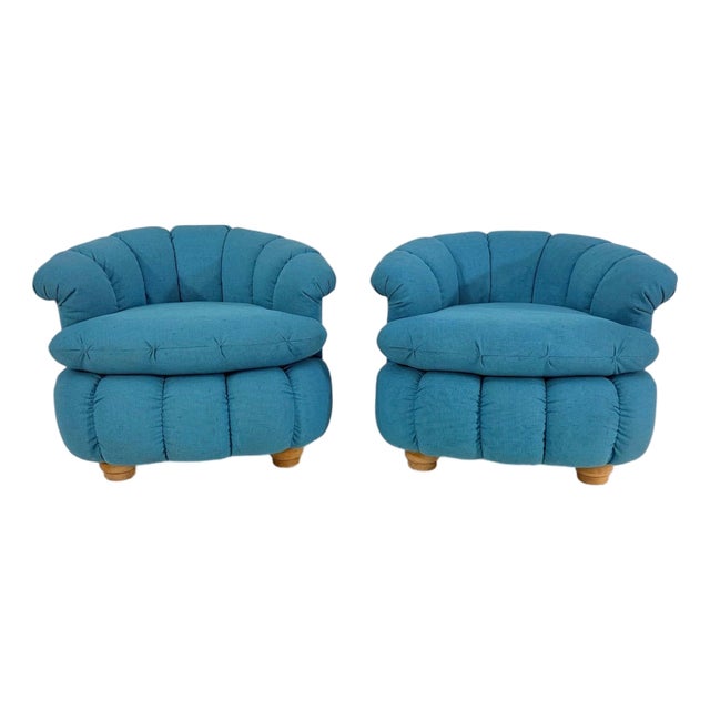 Post Modern Biscuit Tufted Pair Turquoise Lounge Chairs, 1980 For Sale