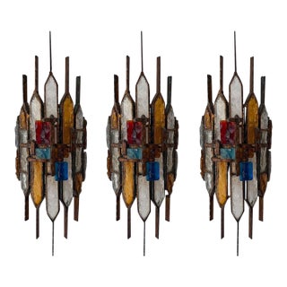 Hammered Glass Wrought Iron Sconces by Longobard, Italy, 1970s, Set of 3 For Sale
