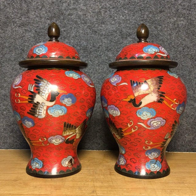 Pair of Vintage Chinese Cloisonné Red Ground "Crane & Clouds" Covered Jars - 2570g For Sale In Los Angeles - Image 6 of 9
