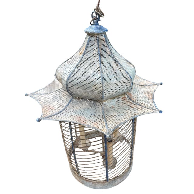 Neirman Weeks vintage "Voliere" tole lantern. Pagoda style. 3 lights. Dimensions: 23 DIA X 29 H (14 DIA at base)