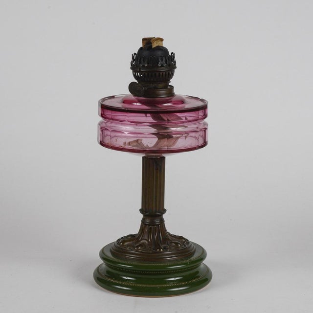 Metal Art Nouveau Ceramic, Glass and Metal Oil Lamp with Original Working Double Wick For Sale - Image 7 of 10