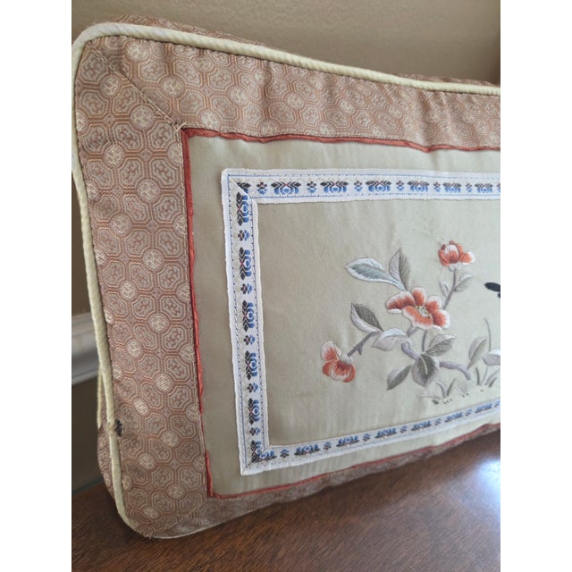 Vintage Bird Embroidered Chinese Silk Pillow For Sale In Indianapolis - Image 6 of 11