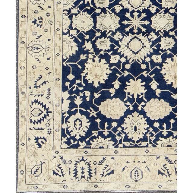Turkish Oushak Rug With Floral Design in Dark Blue, Cream and Light Brown For Sale - Image 4 of 9