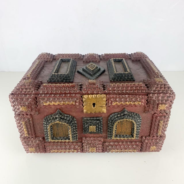 Folk Art Antique Tramp Art Box Chip Carved Original Paint Folk Art Jewelry Box C1919 For Sale - Image 3 of 11