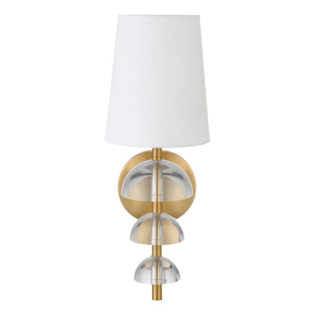 Matthew Izzo Home Demi Antique Brass and Stacked Acrylic Hemisphere Detail Wall Sconce With White Shade For Sale