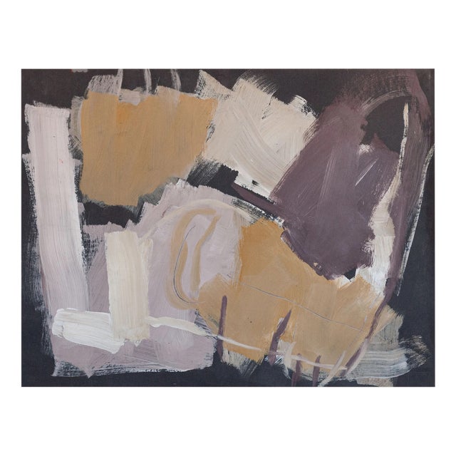 Elvira Fustero, Abstract Composition in Ochre and Plum, 1970s, Oil on Panel For Sale