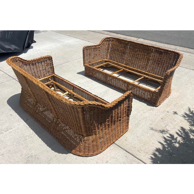 Vintage Braided Wicker Sofas, Michael Taylor Style With New Perennials Upholstery For Sale In San Diego - Image 6 of 14