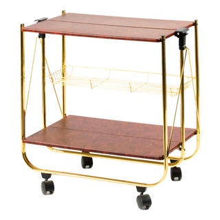 Vintage Folding Bar Cart in Brass and Faux Burl Wood, 1970s For Sale