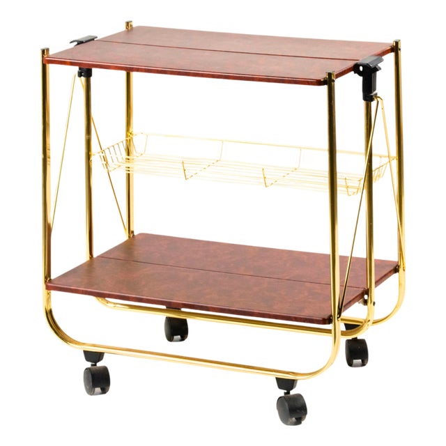 Vintage Folding Bar Cart in Brass and Faux Burl Wood, 1970s For Sale