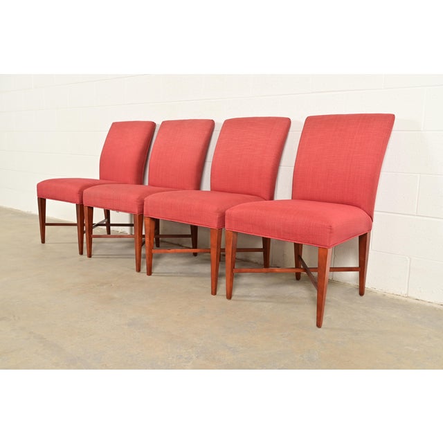 Art Deco Baker Furniture Modern Regency Sycamore Wood Upholstered X-Base Dining Chairs, Set of Four For Sale - Image 3 of 14