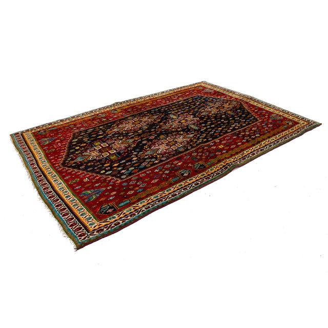 Brick Red Vintage Shiraz Wool Rug – Hand-Knotted Tribal Medallion Accent Rug in Deep Crimson & Midnight Navy For Sale - Image 8 of 9