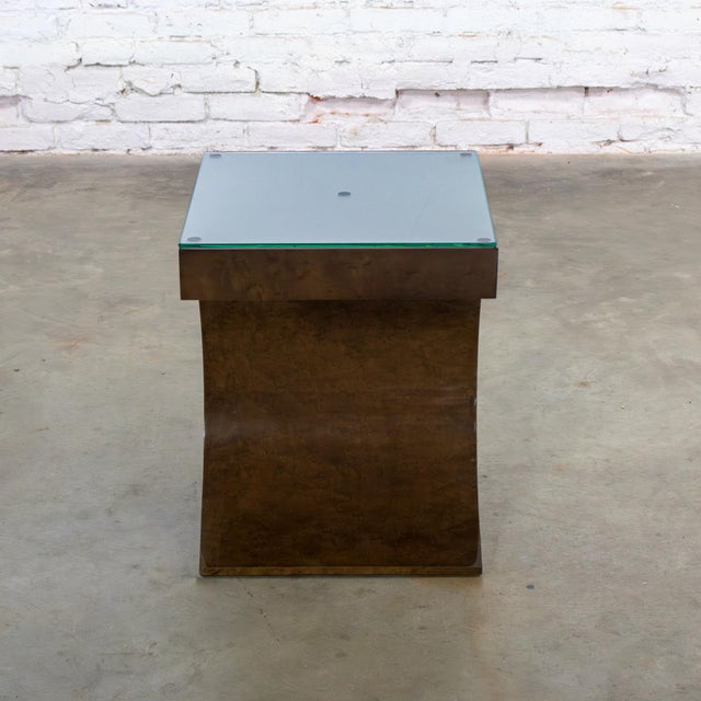 Late 20th Century Modern Geometric Crescent End or Side Table Burl Veneer With Rectangle Glass Top For Sale - Image 14 of 18