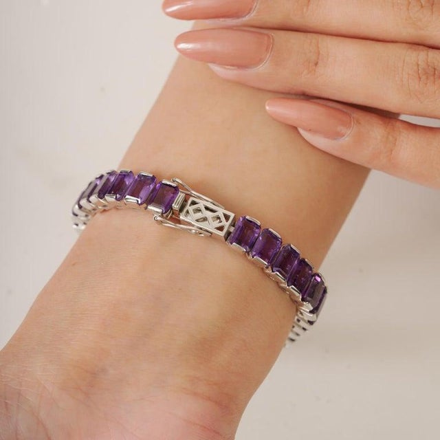 Silver Bochic Natural Amethyst Step-Cut Tennis Bracelet in Solid Silver for Her For Sale - Image 8 of 11