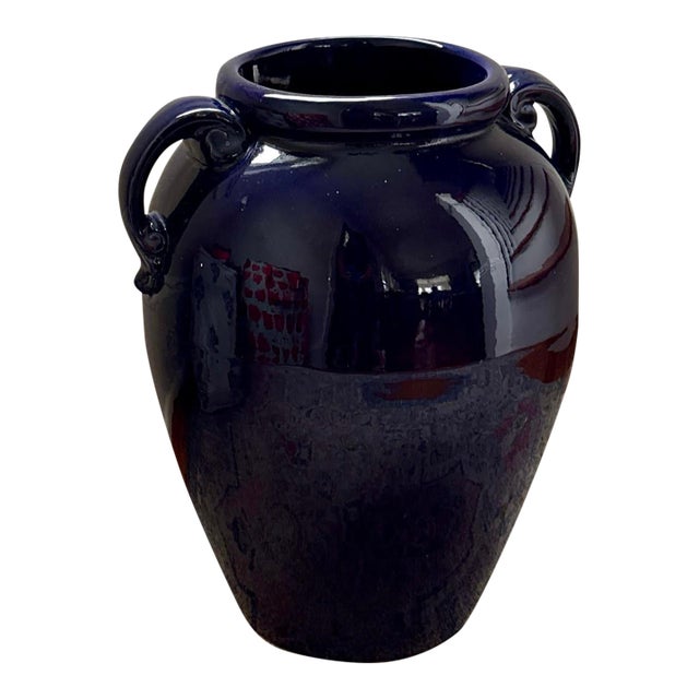 Vintage Cobalt Blue Ceramic Floor Vase in the Style of Pottery Barn For Sale