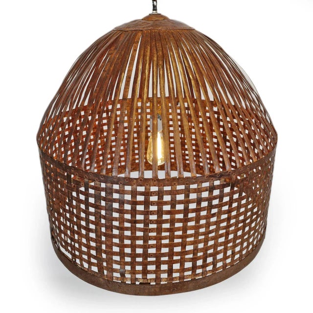 Vintage Industrial Iron Cage Basket Rustic Pendant Light For Sale - Image 4 of 6