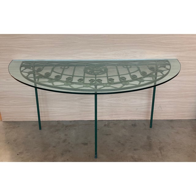 19th Spanish Wrought Iron Demilune Green Console Table Dimensions: Height: 31.5 in (80 cm)Width: 68.71 in (174.5 cm)Depth:...