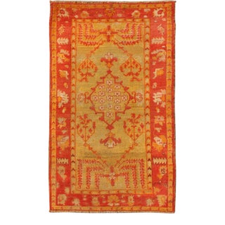Antique Turkish Oushak Rug With Willow Trees Design in Orange Red & Yellow-Green For Sale