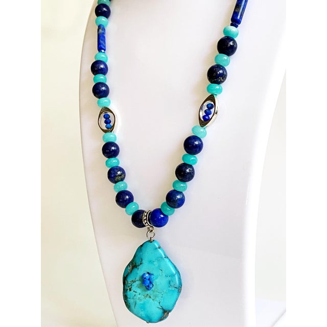 Artisan One-of-a-Kind Gemstone Necklace With Vintage Arizona Turquoise, Lapis Lazuli & Blue Chalcedony For Sale - Image 14 of 18