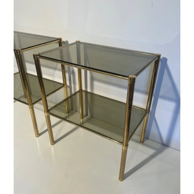 Mid-Century Modern Brass Side Tables With Smoked Glass Shelves. French Work. Circa 1970 - A Pair For Sale - Image 3 of 8