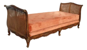Vintage French Louis XVI Daybed ~ Cane Bed W Orange Velvet ~ Chaise Lounge