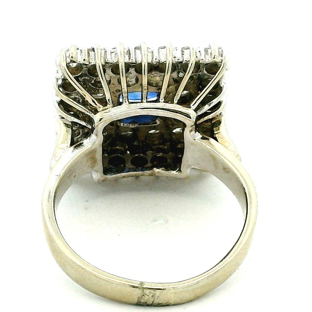 Vintage Sapphire & Diamond Square Cluster Ring in 14k White Gold, Size 7 For Sale - Image 9 of 13