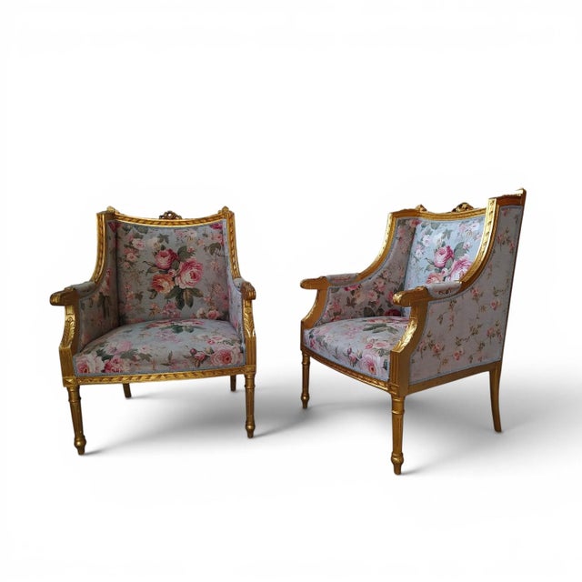 - Elegant pair of French Louis XVI style bergère armchairs, circa 1900. - The wooden frames were professionally restored...