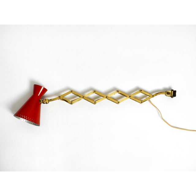 Mid-Century Brass Extendable Scissor Wall Lamp with Aluminum Diabolo Shade in Red and Brass, 1950s For Sale - Image 4 of 18