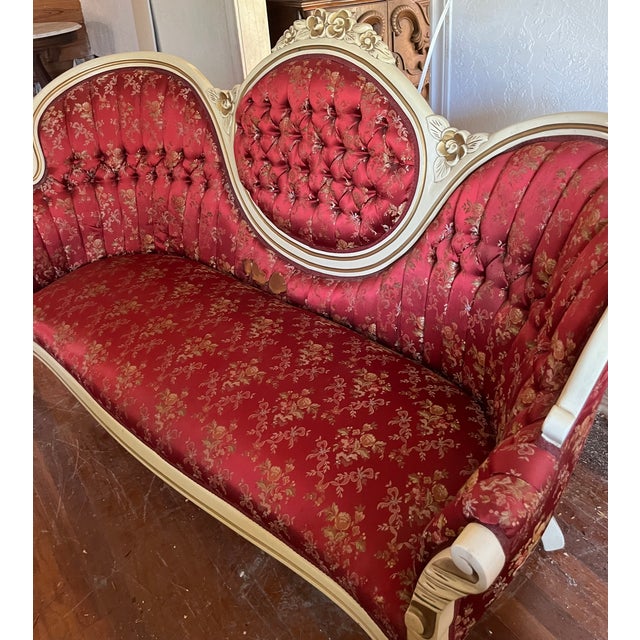 Mid 20th Century 3-Piece Victorian Rococo Revival Style Parlor Suite — Carved Cream & Gold Frames, Burgundy Brocade For Sale - Image 10 of 18