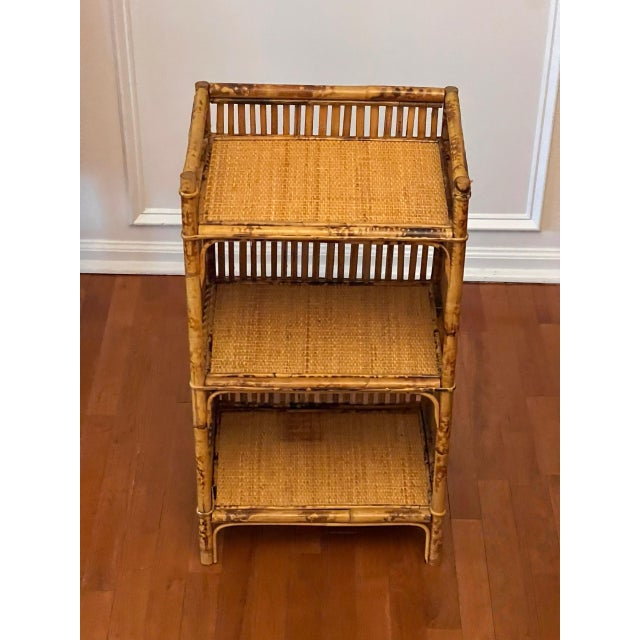 1970s Organic Modern Three-Tier Small Etagere in Burnt Bamboo and Rattan For Sale - Image 4 of 13