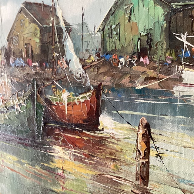Metal Original Mid 20th Century Painting on Canvas Fishing Harbor Scene Signed Framed For Sale - Image 7 of 12
