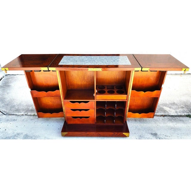 Chinoiserie Asian Dry Bar Fold Out Chinoiserie Rosewood Rolling For Sale - Image 3 of 10