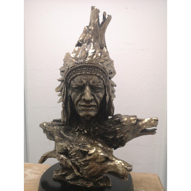 Indian Chief statue Wolves decor Native American Molded solid brass, laquered wood base. Dimensions: Height 15.7" / 40 cm...